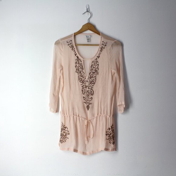 Cache size S silk sheer 3/4 sleeve embellished beaded blouse tunic top Pink - Picture 1 of 11